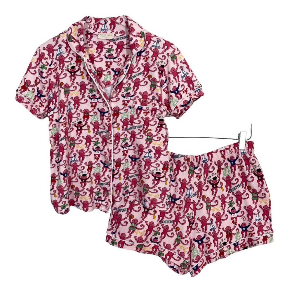 Roller Rabbit Boston Monkey Pajamas Large Pink Set Short Sleeve Shorts Preppy